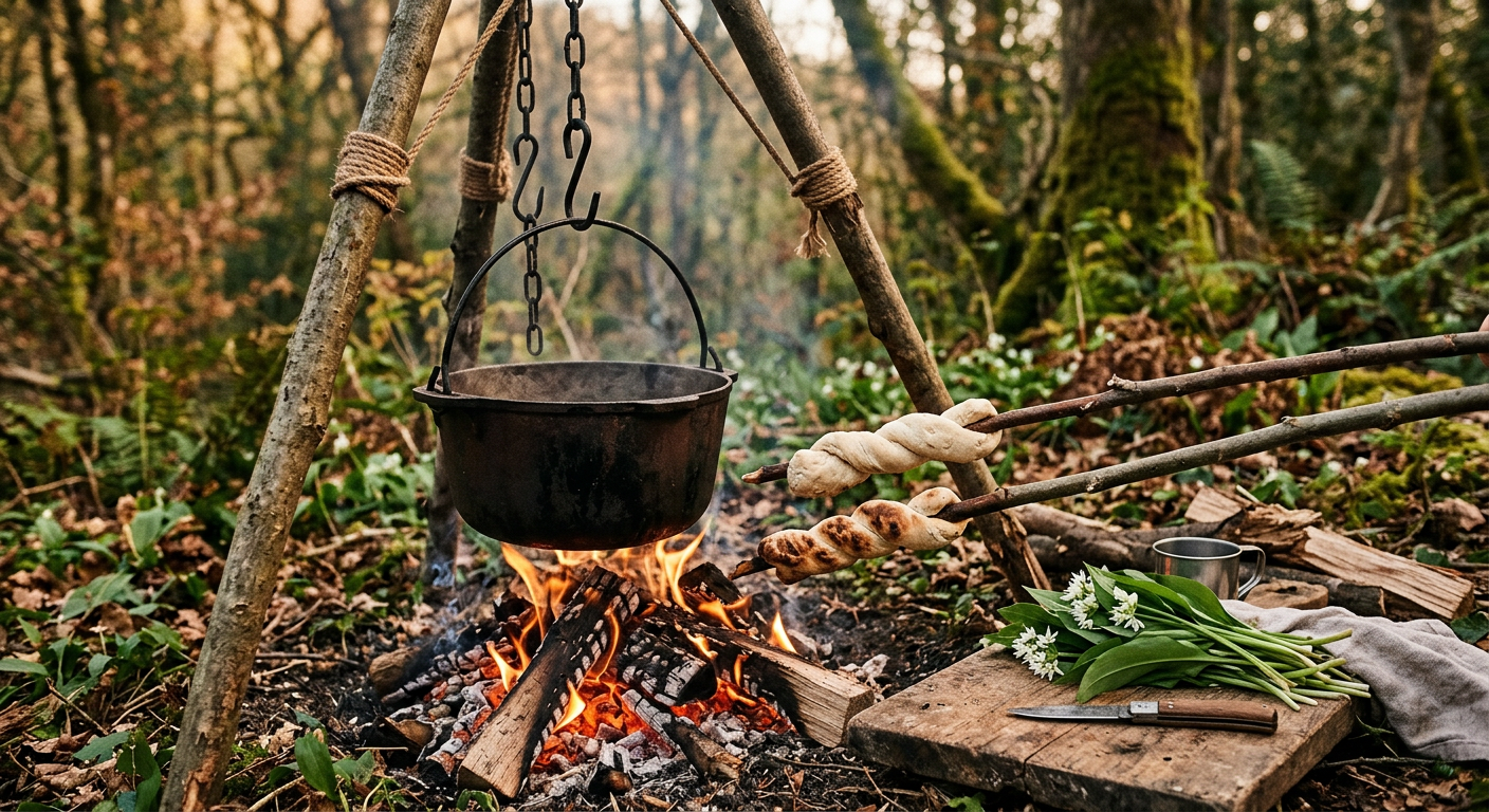 A cast iron pot over a campfire with bread on sticks