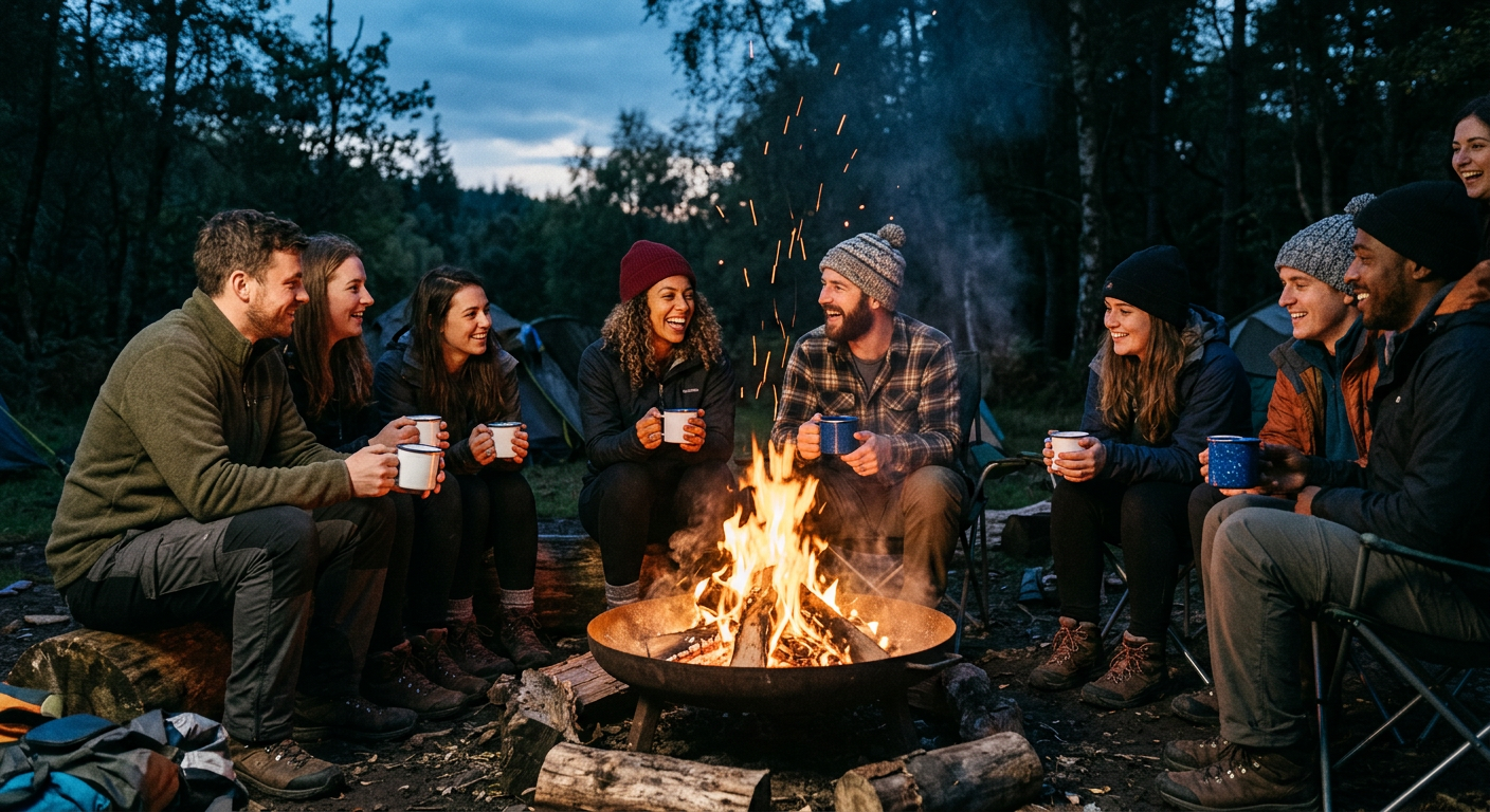 Young adults and adults sitting together around a large campfire at dusk