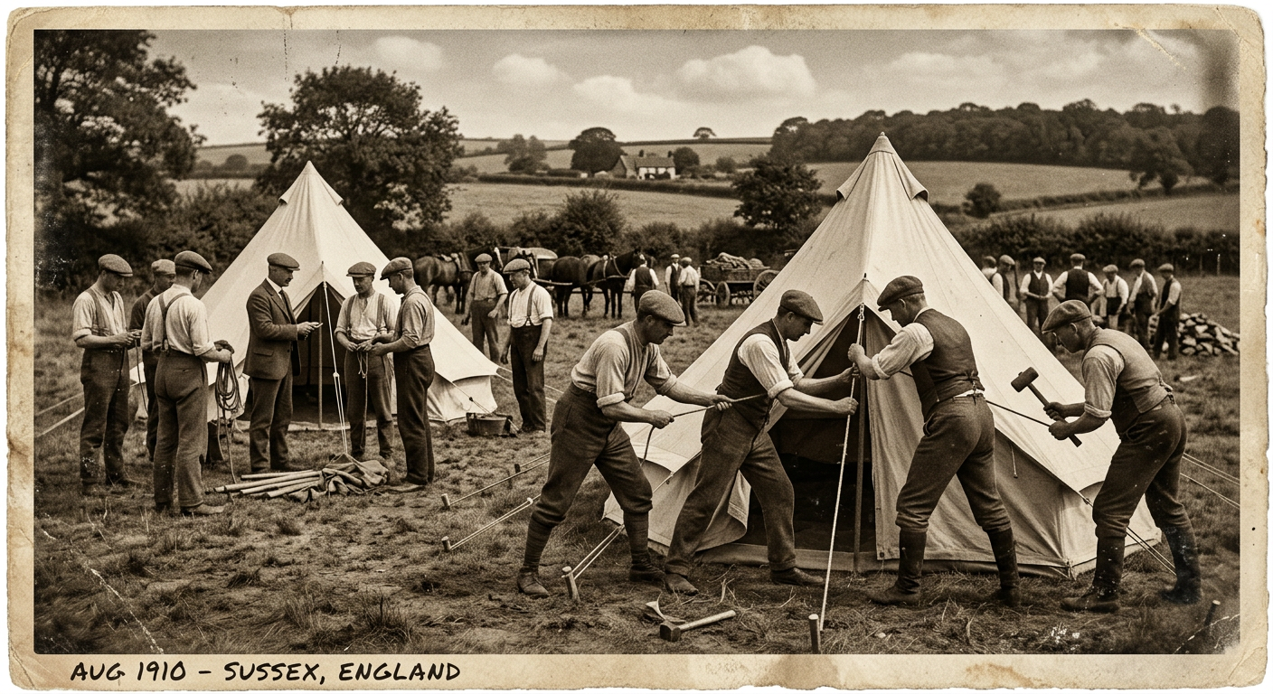 Archival-style photograph of Edwardian volunteers pitching bell tents in a meadow