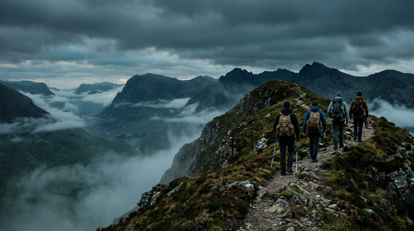 A small group of hikers with rucksacks walking a misty Highland ridge at dawn